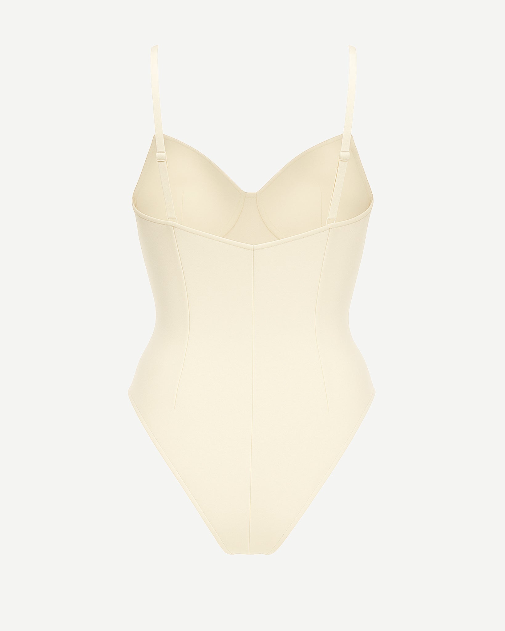 Women's Cream Loro Piana Corset Bodysuit Superfine Merino Wool featuring a sculpted bust with molded cups, adjustable thin straps, and a smooth, contoured fit in soft cream fabric.