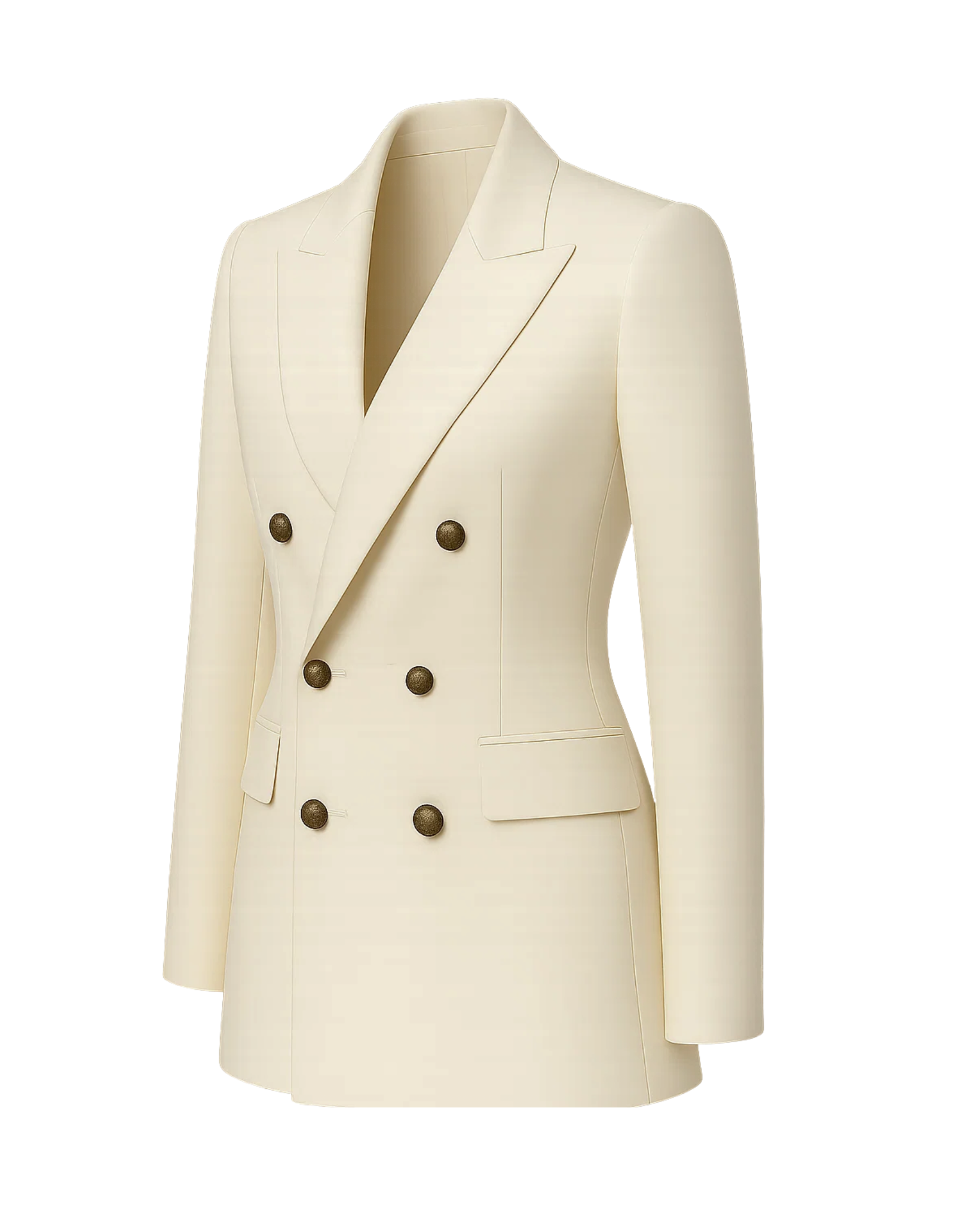 Women's Cream Loro Piana Double Breasted Tailored Blazer with structured shoulders, notch lapels, and six dark buttons, crafted in luxurious cream fabric for sophisticated women's suiting.