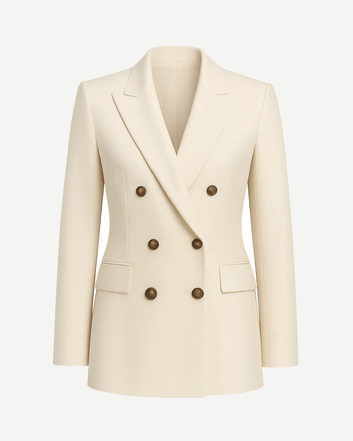 Women's Cream Loro Piana Double Breasted Tailored Blazer featuring a structured silhouette with peak lapels, six brown buttons, and flap pockets in a refined cream fabric.