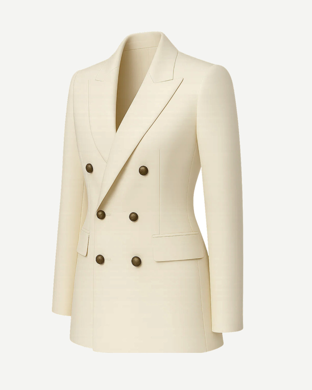 Women's Cream Loro Piana Double Breasted Tailored Blazer with structured shoulders, notch lapels, and six dark buttons, crafted in luxurious cream fabric for sophisticated women's suiting.