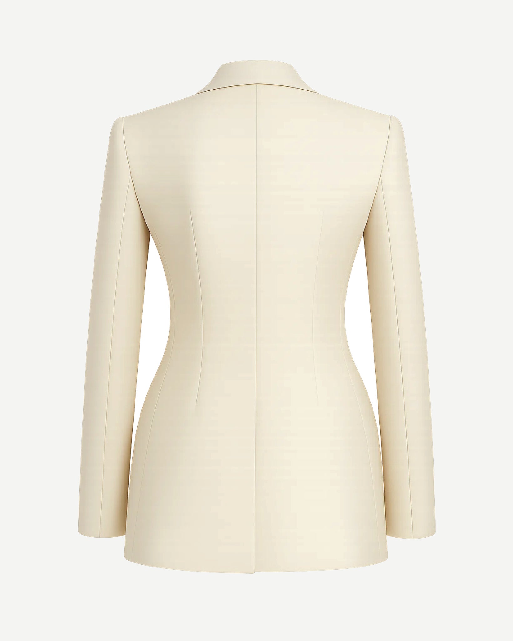 Women's Cream Loro Piana Double Breasted Tailored Blazer shown from the back, featuring a streamlined silhouette with princess seams and a center back vent for elegant women's suiting.