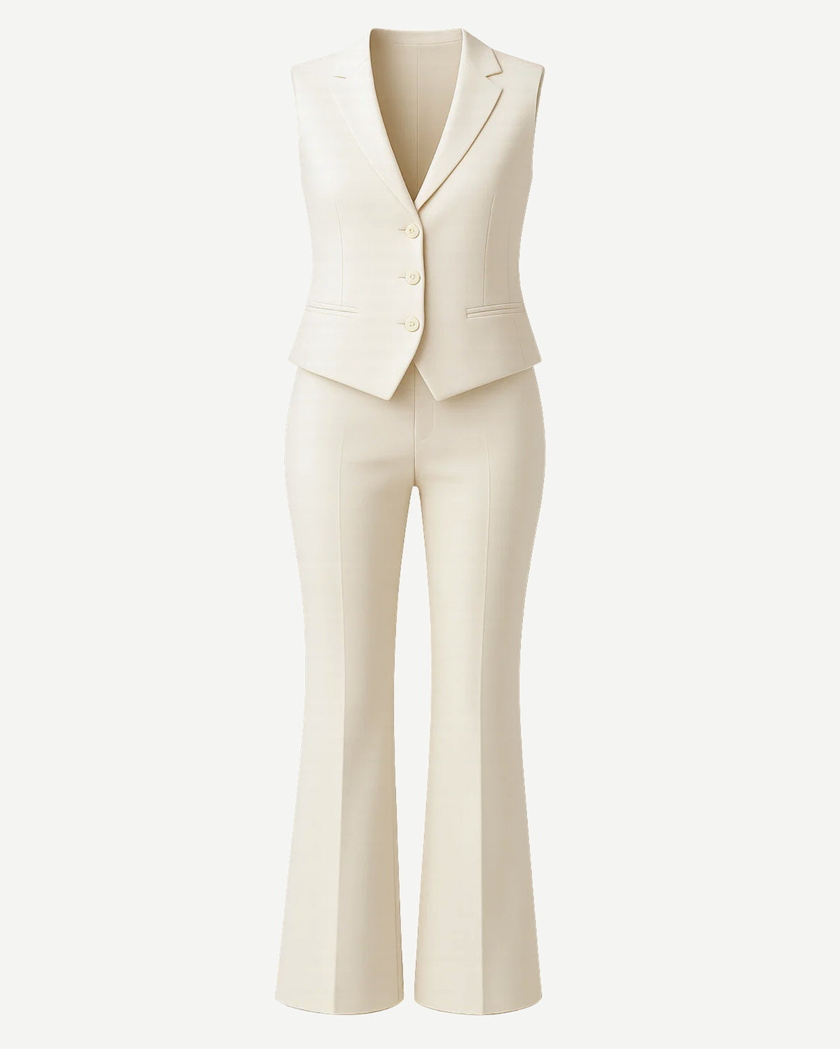 Women's Cream Vest Flare Pants Two Piece Suit Set featuring a tailored sleeveless vest with notch lapels and three buttons, paired with high-waisted, flare-leg trousers for a chic and modern look.