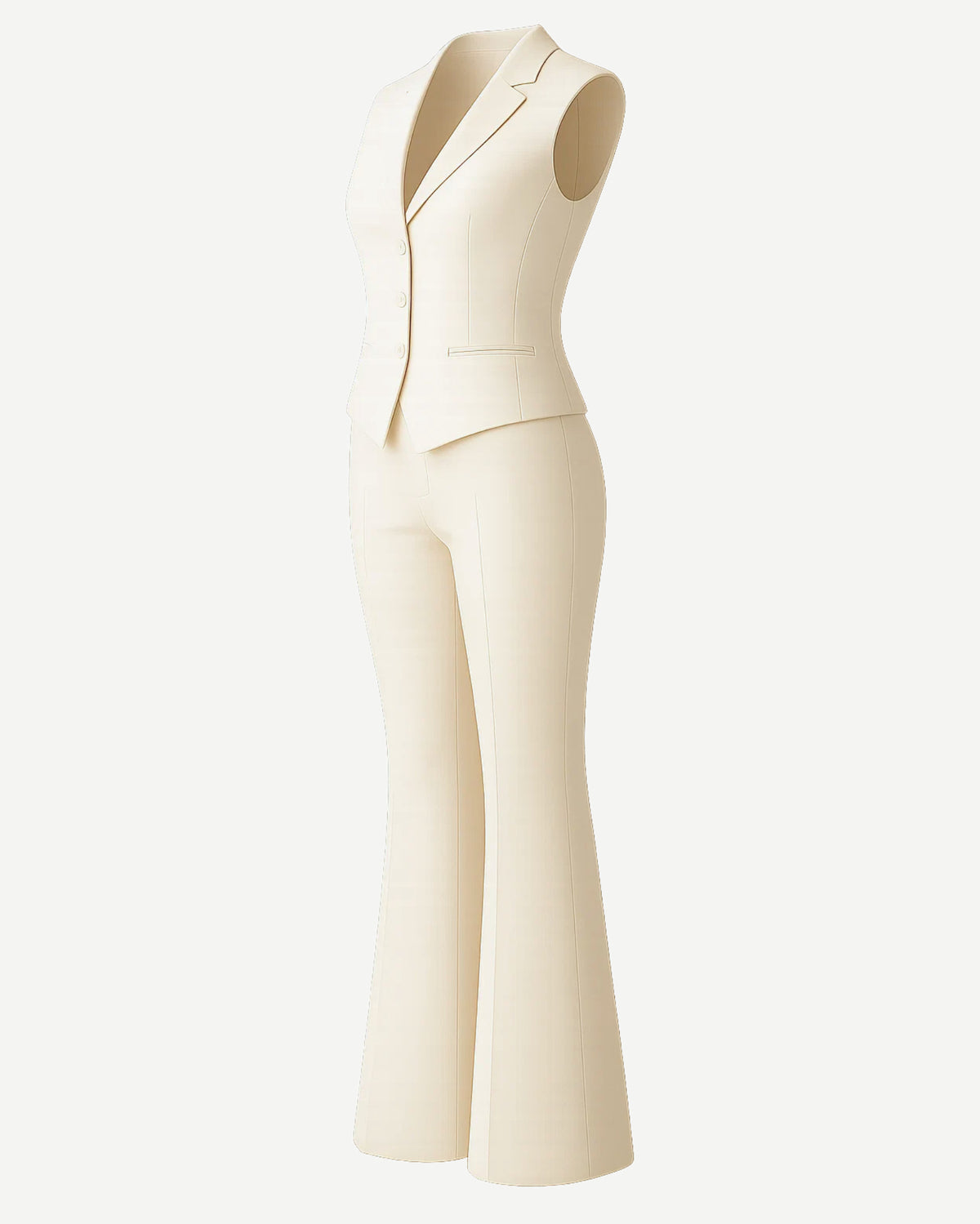 Women's Cream Vest Flare Pants Two Piece Suit Set featuring a fitted sleeveless vest with a deep V neckline and tailored flare-leg trousers for a refined, modern look.