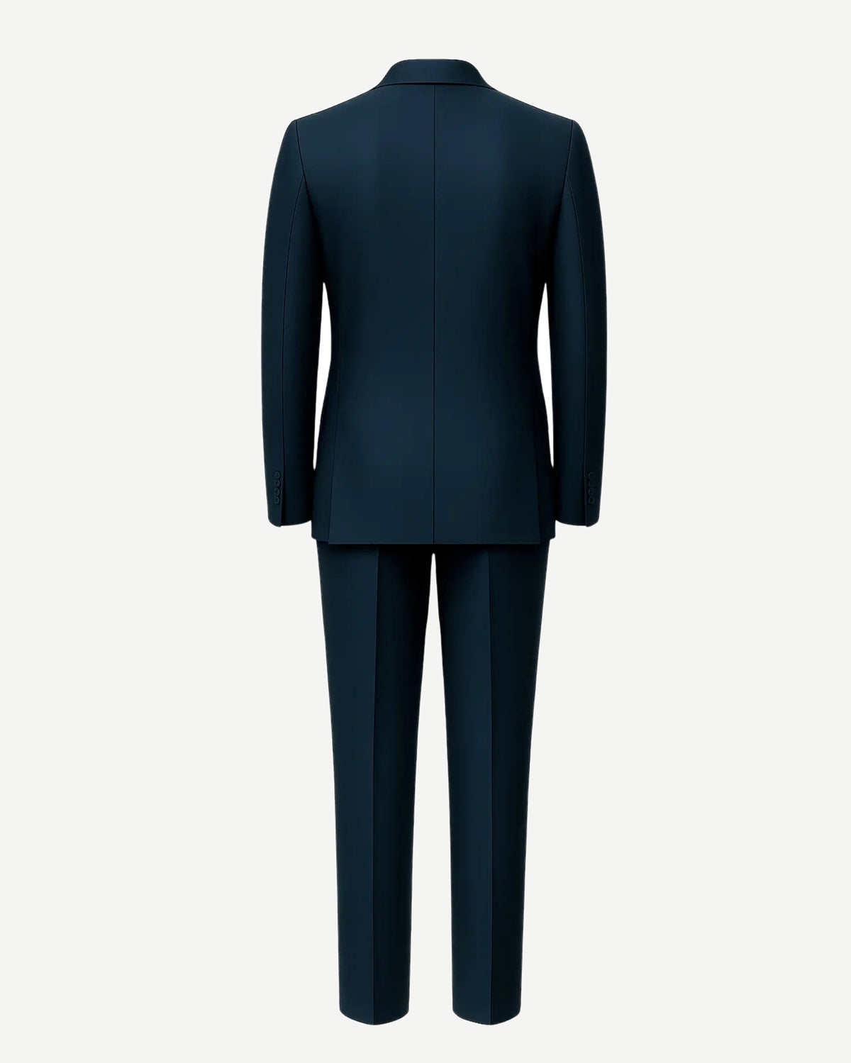 Men's Navy Blue Classic Tailored Suit Set displaying a sleek back view with a structured blazer featuring clean lines, paired with matching slim trousers in deep navy fabric.