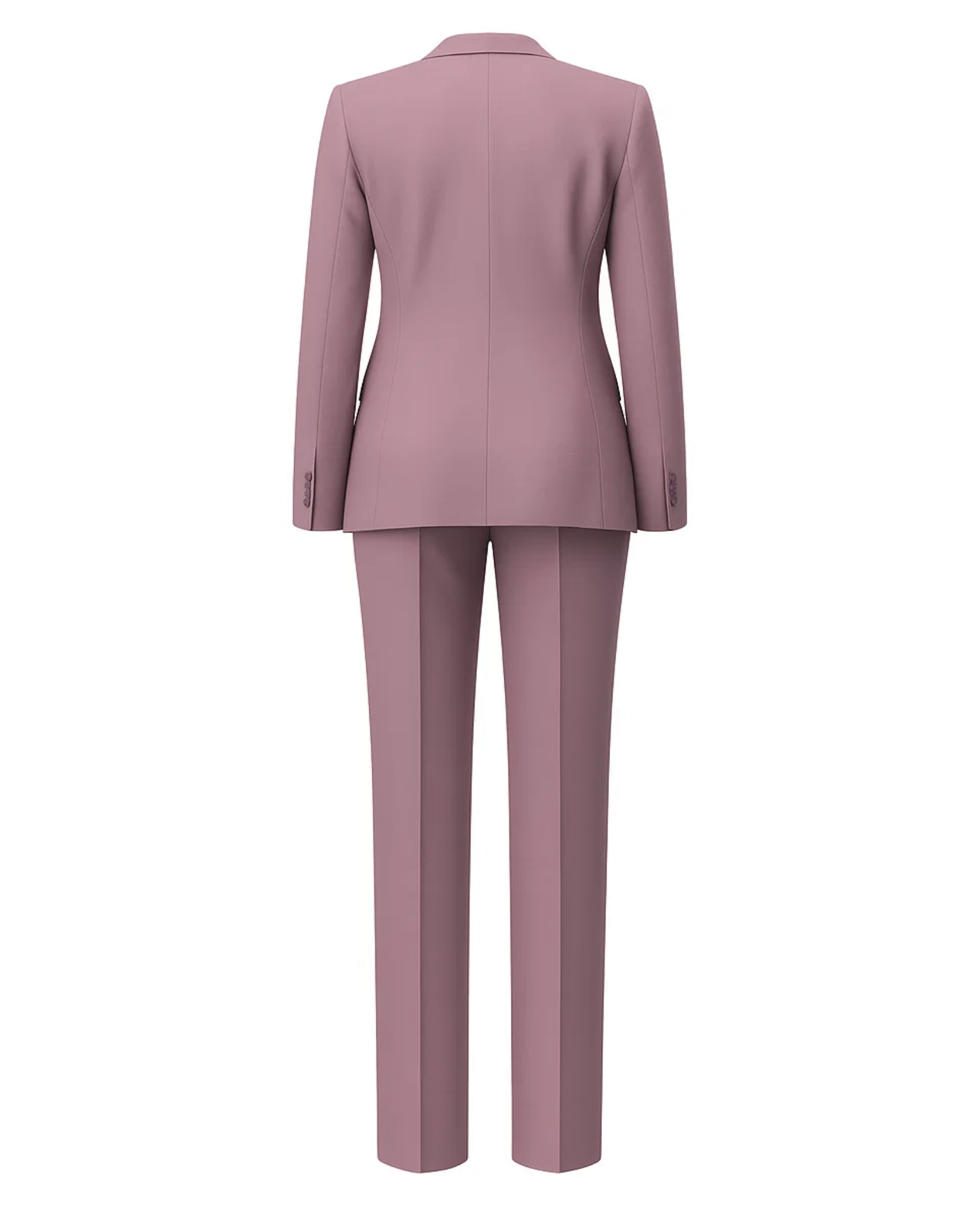 Women's Pink Loro Piana Three Piece Tapered Pants Suit shown from the back, highlighting the sleek tailored blazer with long sleeves and slim tapered trousers in soft pink luxury fabric.