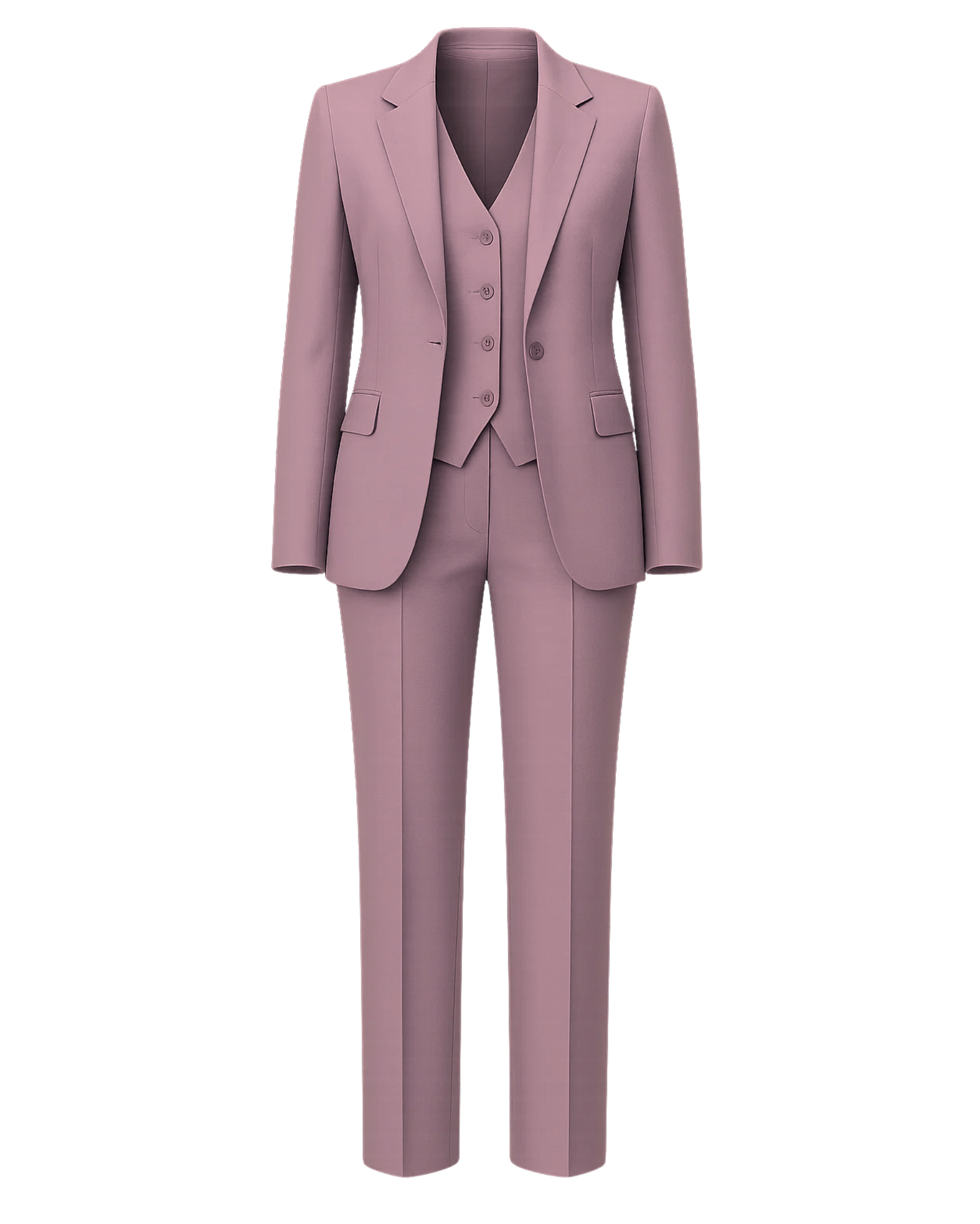 Women's Pink Loro Piana Three Piece Tapered Pants Suit featuring a tailored blazer with notch lapels, a fitted buttoned vest, and slim tapered trousers in soft pink luxury fabric.