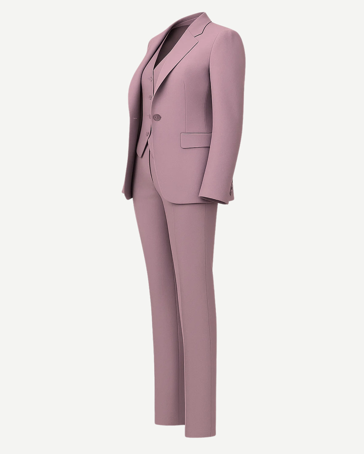 Women's Pink Loro Piana Three Piece Tapered Pants Suit featuring a tailored blazer with notch lapels, a fitted buttoned vest, and slim tapered trousers in soft pink luxury fabric for elegant business suiting.