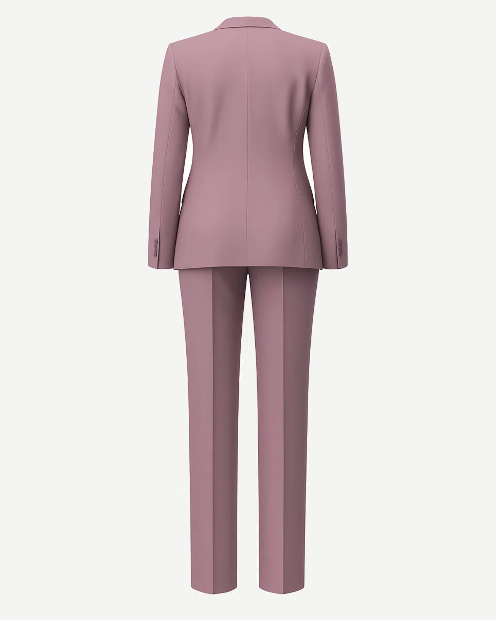 Women's Pink Loro Piana Three Piece Tapered Pants Suit shown from the back, highlighting the sleek tailored blazer with long sleeves and slim tapered trousers in soft pink luxury fabric.