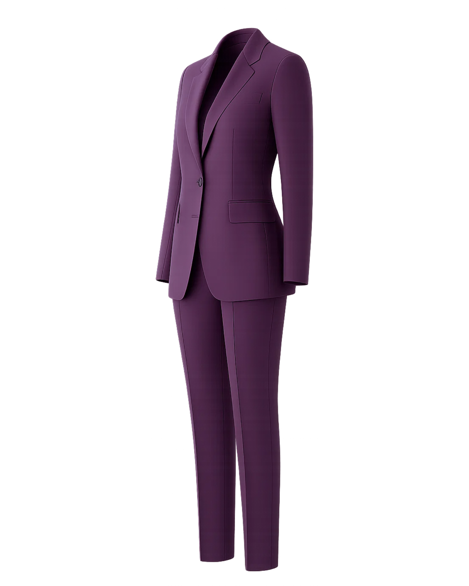 Women's Purple Loro Piana Blazer Tapered Pants Suit Set featuring a tailored single-button blazer with structured shoulders and notch lapels, paired with high-rise slim tapered trousers for a sophisticated look.