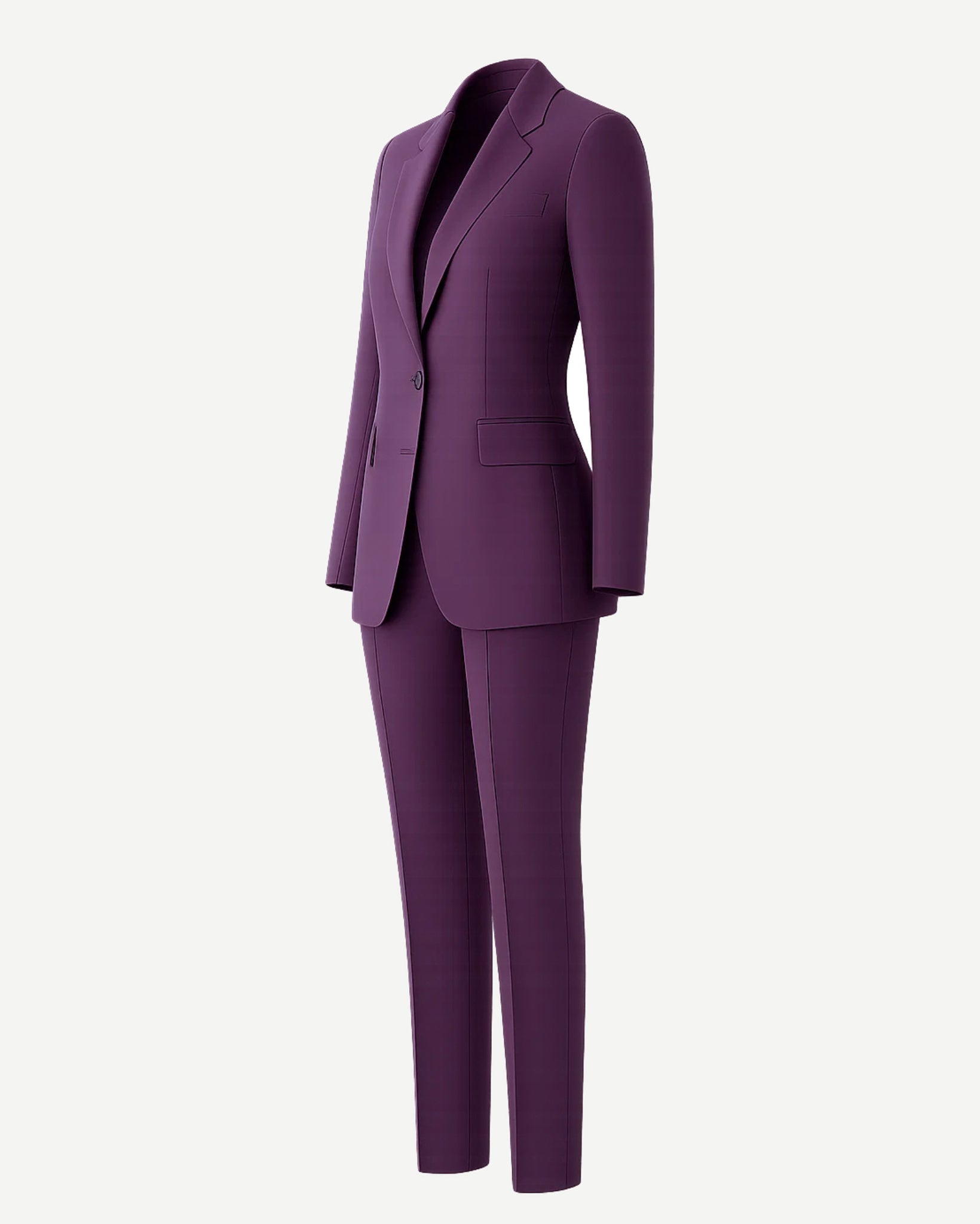Women's Purple Loro Piana Blazer Tapered Pants Suit Set featuring a tailored single-button blazer with structured shoulders and notch lapels, paired with high-rise slim tapered trousers for a sophisticated look.