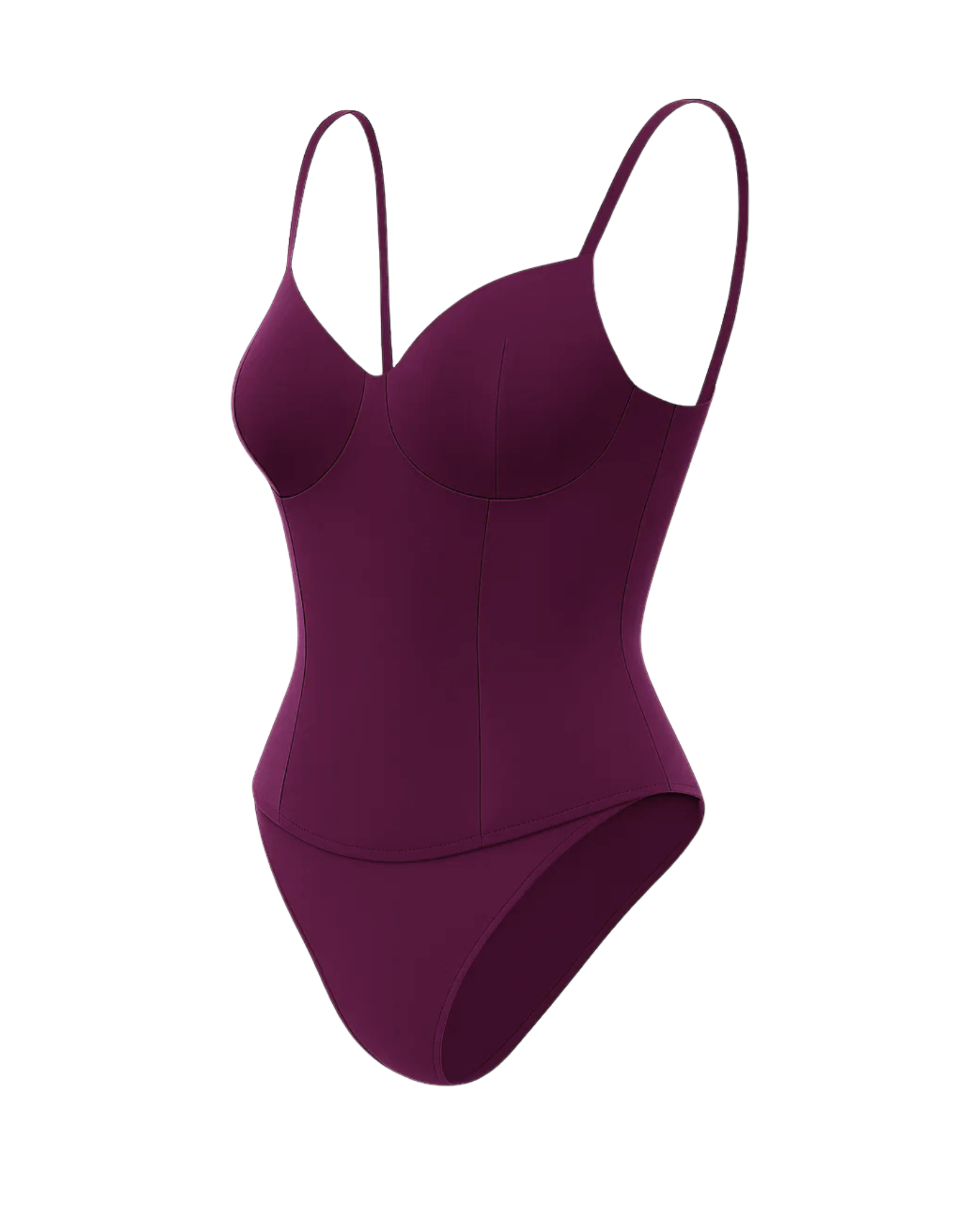 Women's Purple Loro Piana Corset Bodysuit Superfine Merino Wool with delicate adjustable straps, structured cups, and a smooth, form-fitting silhouette in rich deep purple fabric.