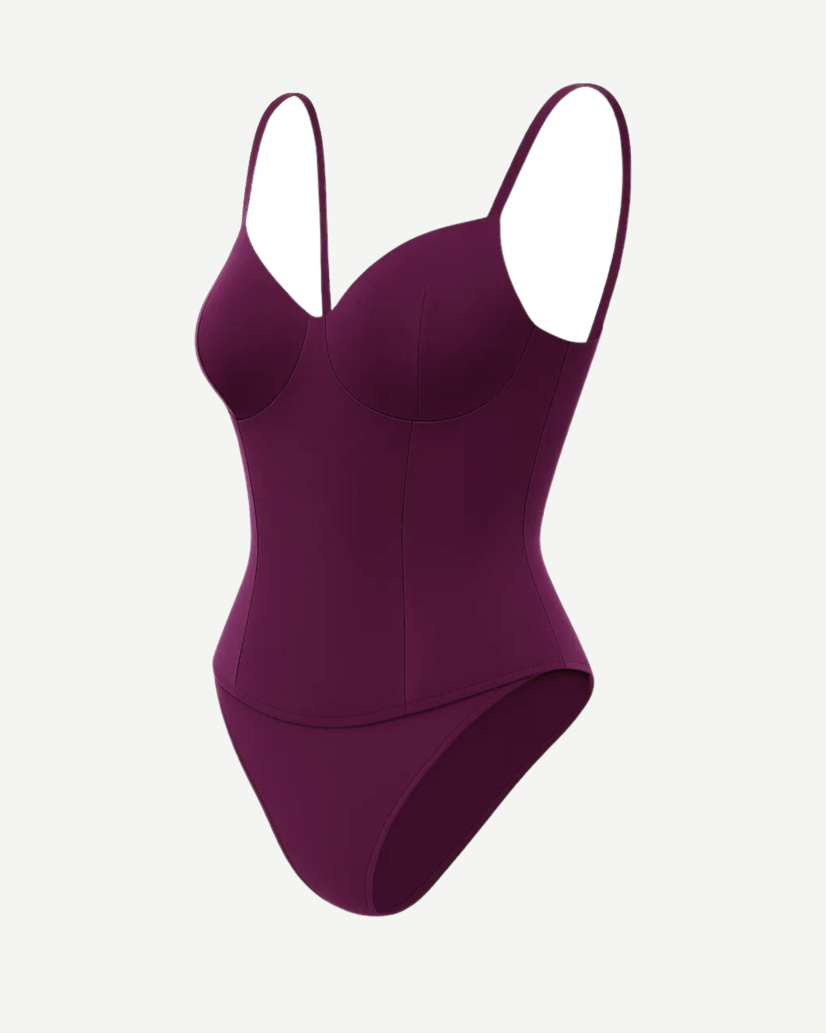 Women's Purple Loro Piana Corset Bodysuit Superfine Merino Wool with delicate adjustable straps, structured cups, and a smooth, form-fitting silhouette in rich deep purple fabric.