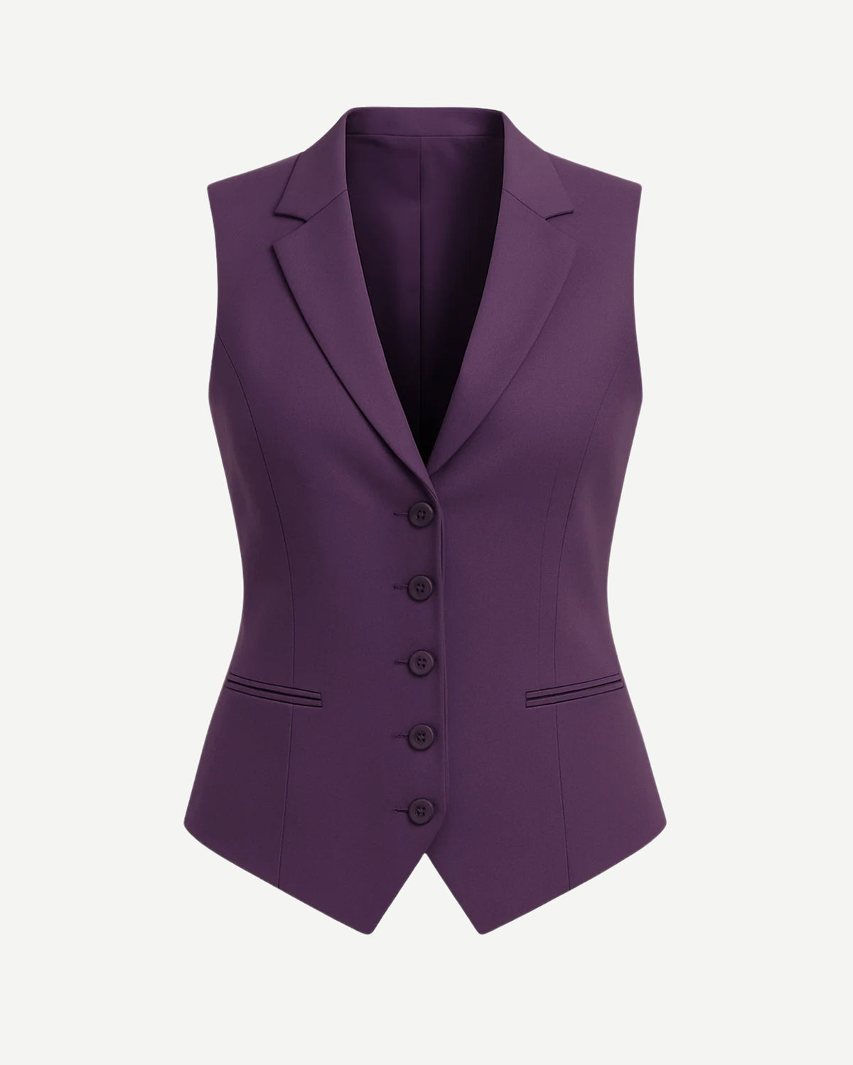 Women's Purple Five Button Vest featuring a tailored sleeveless design with notch lapels, five front buttons, and sleek welt pockets for a sharp, modern tailored look.