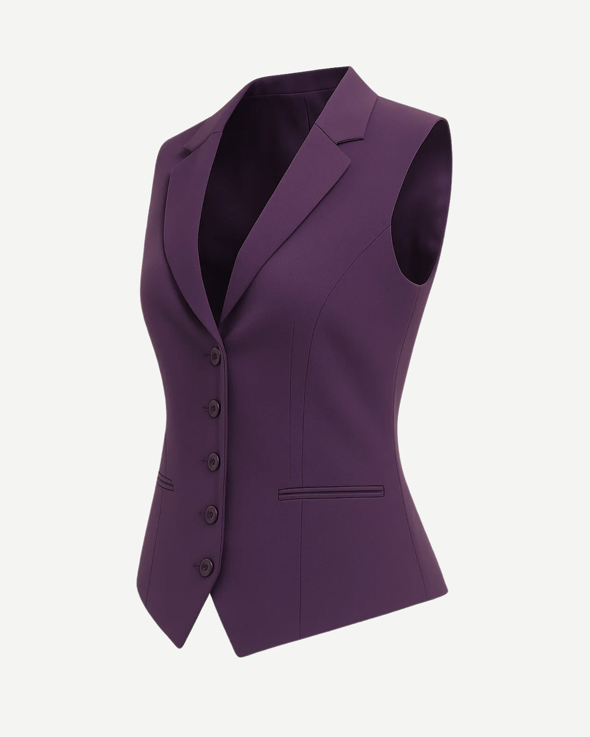 Women's Purple Five Button Vest featuring a tailored sleeveless design with sharp notch lapels, five matching buttons, and slim welt pockets for an elegant, structured fit.