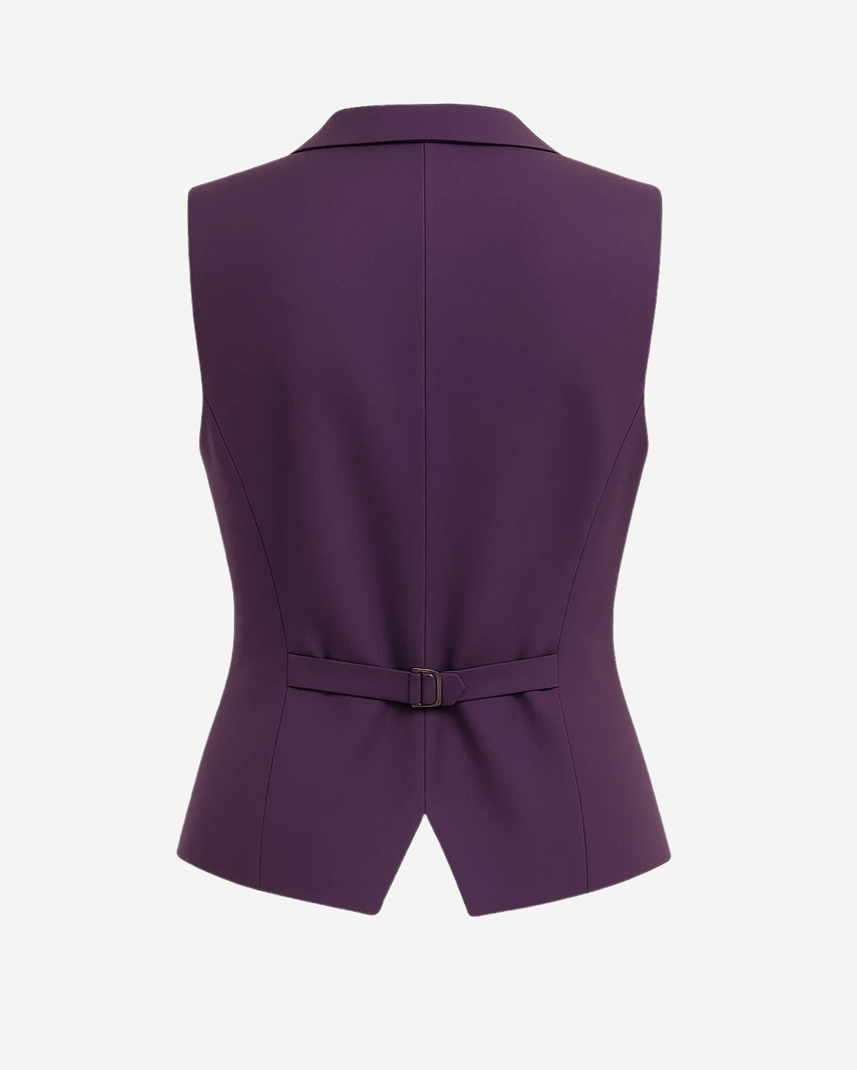 Women's Purple Five Button Vest shown from the back, featuring a tailored fit with a cinched waist belt and a subtle V-shaped hem for a polished, modern tailored look.