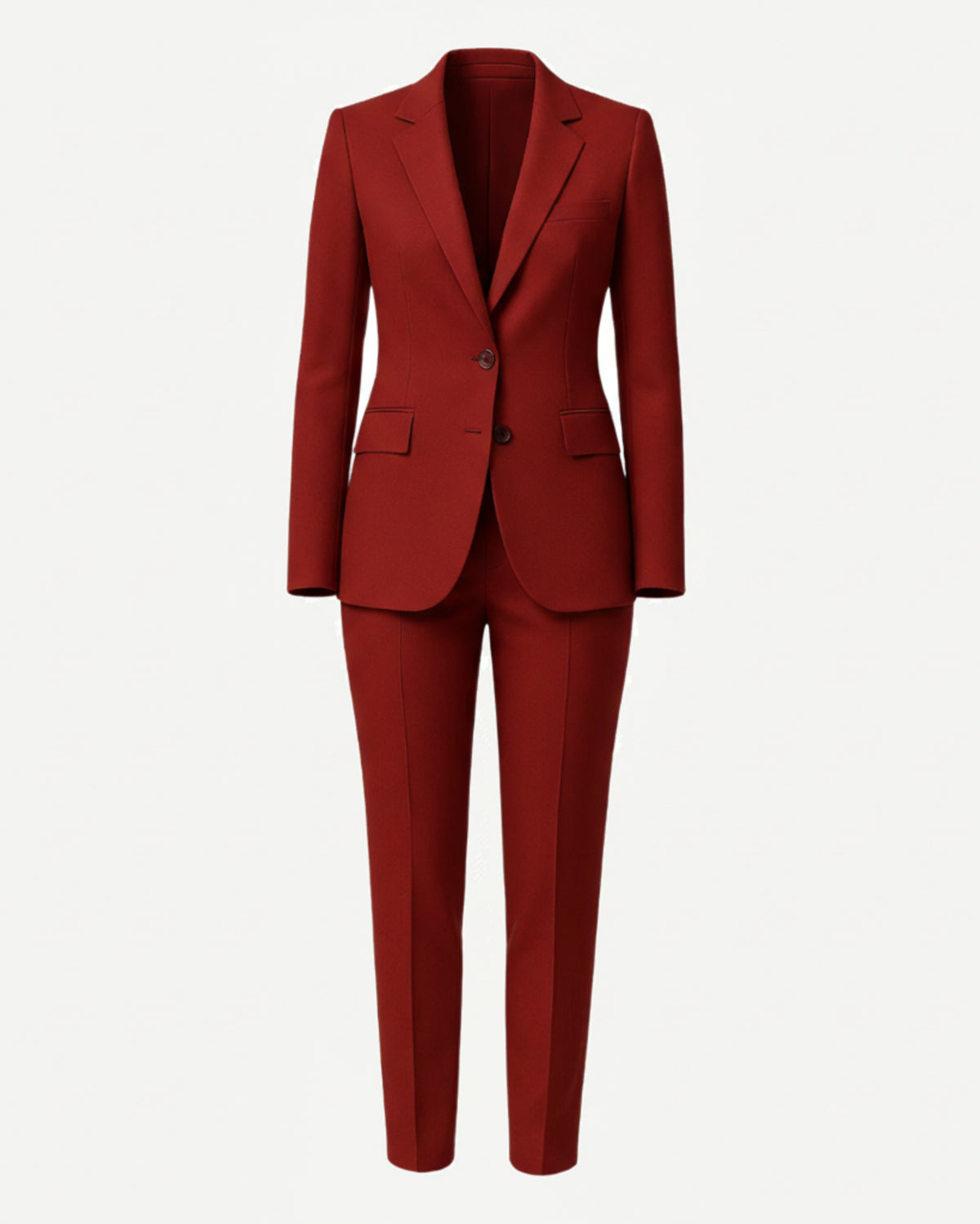 Red suit jacket and pants on a white background
