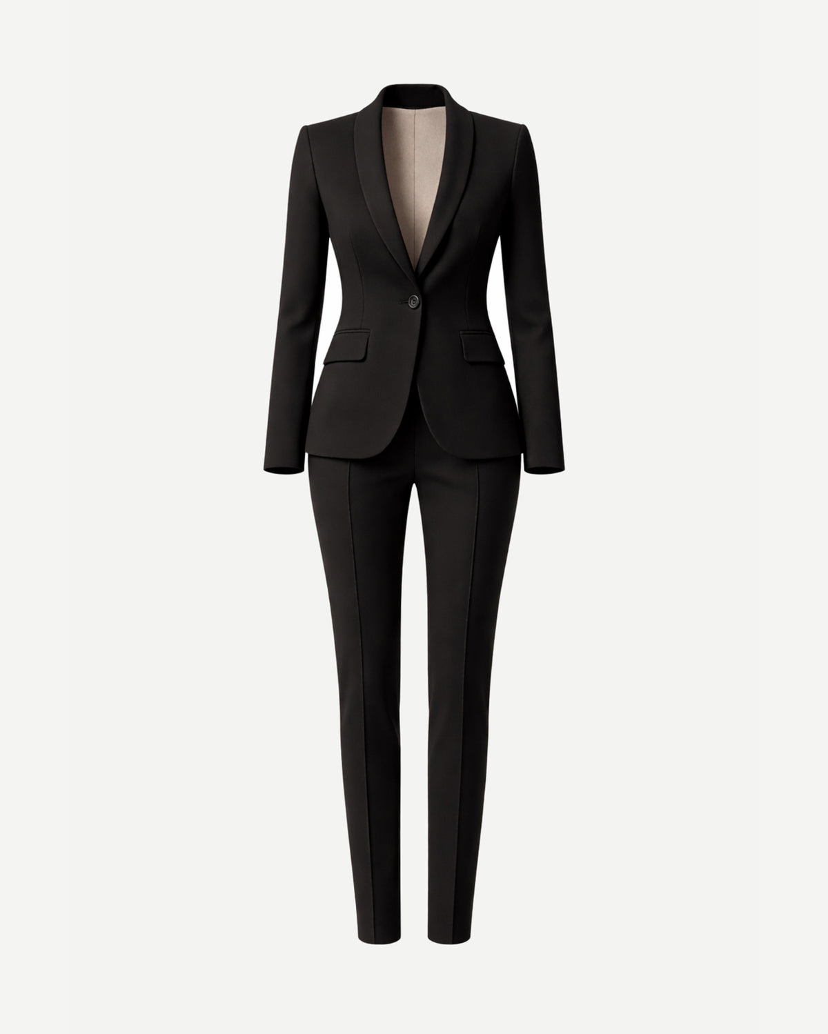 Women's Wearhouse| Women's Black Fitted Wedding Suit featuring a tailored single-button blazer with sleek lapels and slim, tapered trousers in elegant black fabric for a refined bridal look.