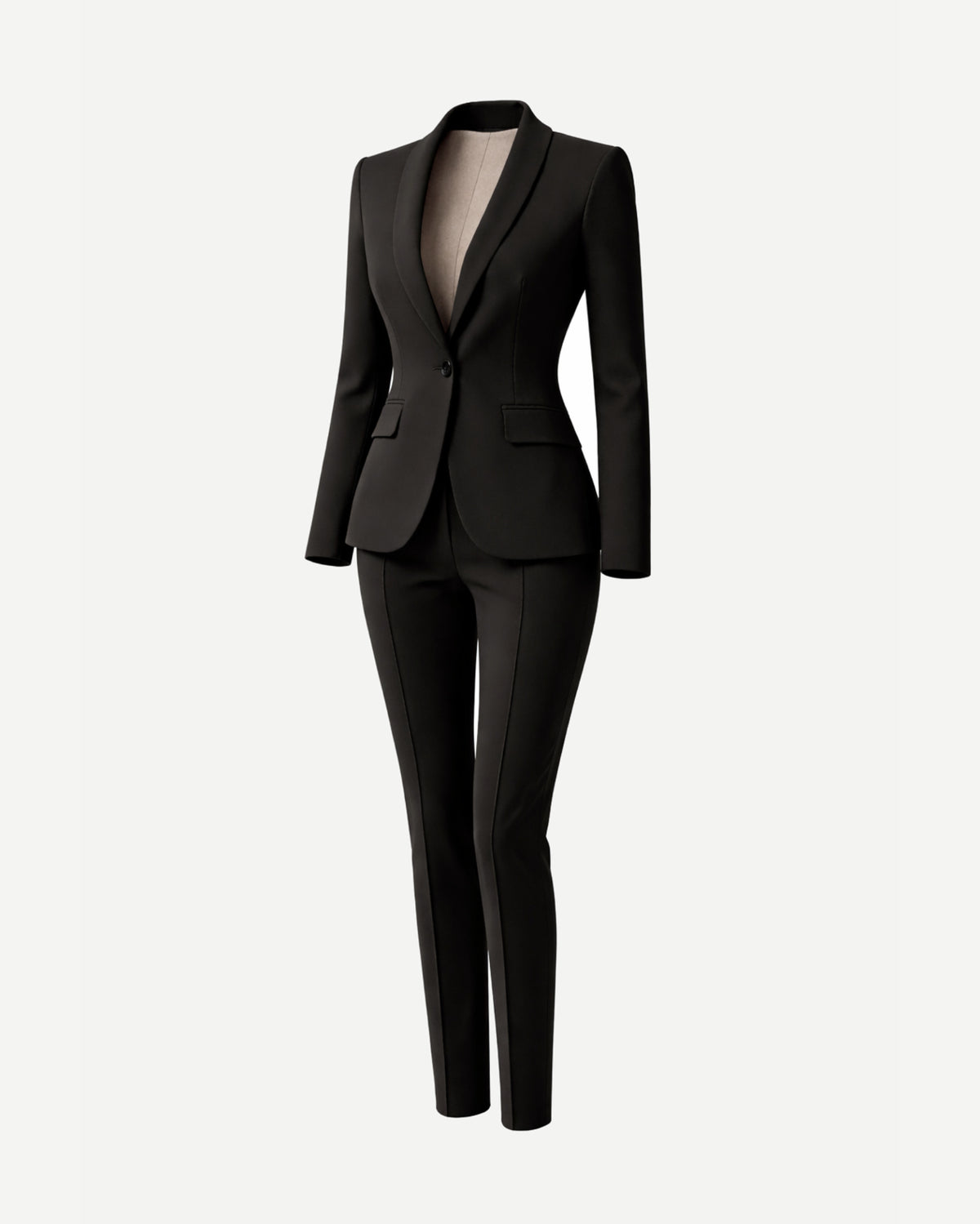 Women's Wearhouse| Women's Black Fitted Wedding Suit featuring a sleek single-button blazer with elegant shawl lapels and slim tailored trousers in a refined black fabric for a modern bridal look.