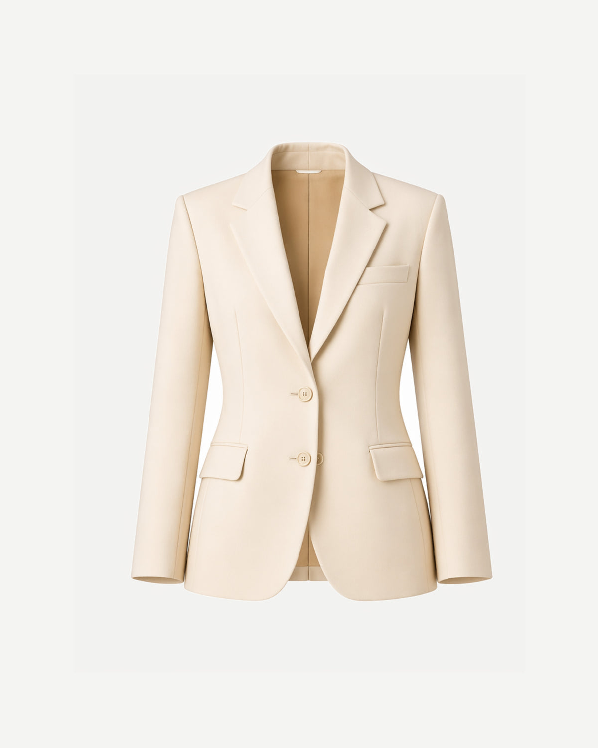 Women's Wearhouse | Women's Fitted Cream Suit Jacket in a smooth cream fabric, featuring a tailored silhouette with notch lapels, two-button closure, and flap pockets for elegant women's suiting.
