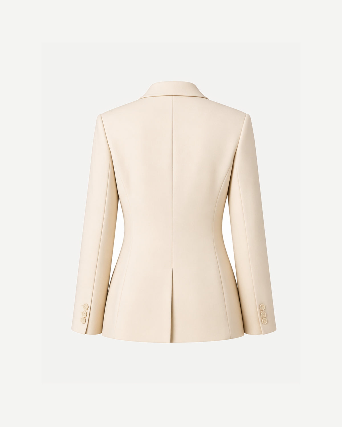 Women's Wearhouse | Women's Fitted Cream Suit Jacket shown from the back, featuring a smooth cream fabric, tailored seams, a center vent, and button details on the sleeves for a refined silhouette.