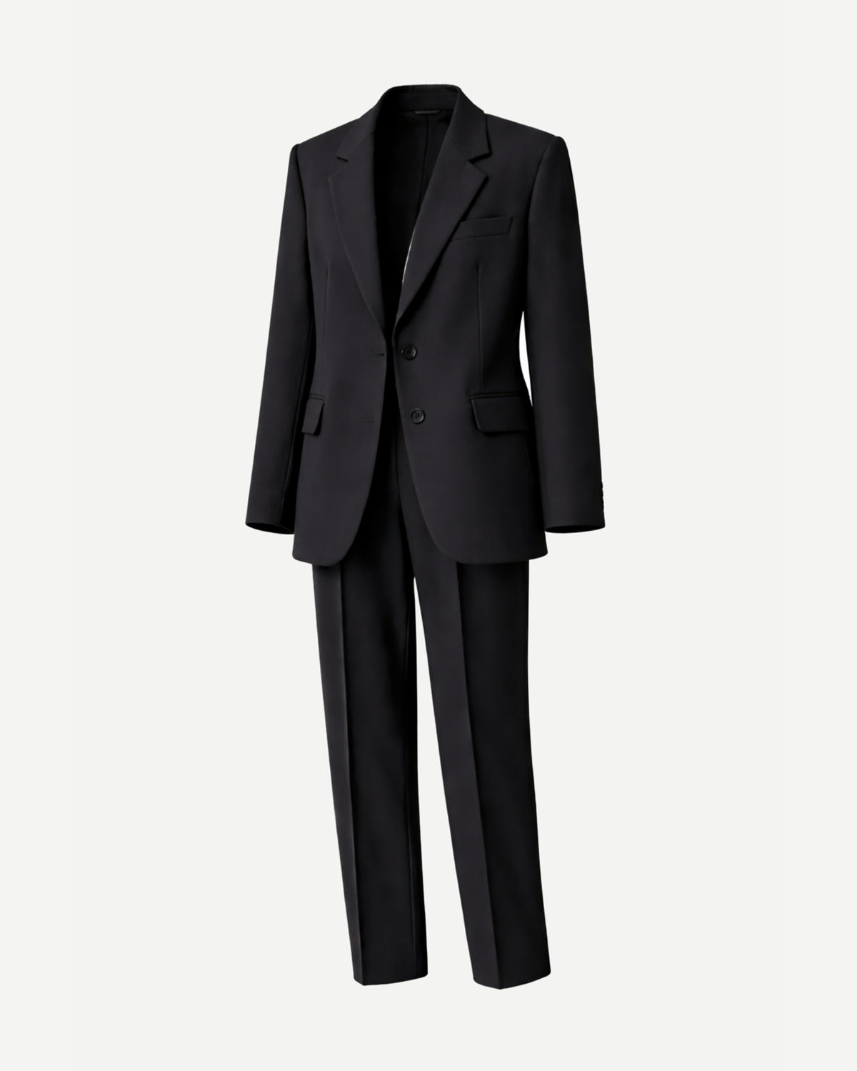 Women's Wearhouse | Black Oversized Wedding Suit featuring a relaxed two-button blazer with classic lapels and straight-leg trousers in luxurious black fabric for a chic, gender-neutral bridal look.