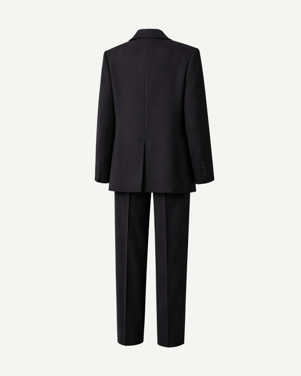 Women's Wearhouse | Black Oversized Wedding Suit shown from the back, featuring a relaxed silhouette with a long blazer and straight-leg trousers in sleek black fabric for androgynous bridal suiting.