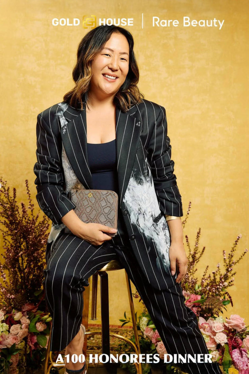 Melissa Mash wearing The Tailory's Hand-Painted Pinstripe Suit at Gold House A100 Honorees celebration