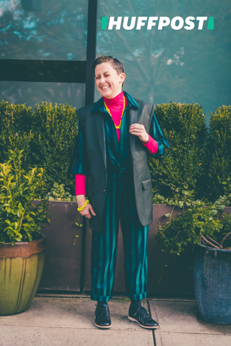 Shelly features a jumpsuit, blazer and hot pink turtleneck by The Tailory New York