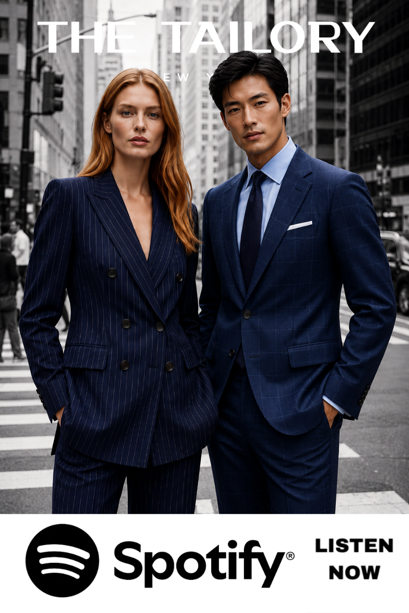 The Tailory New York models in tailored blue suits on a blurred city street backdrop.