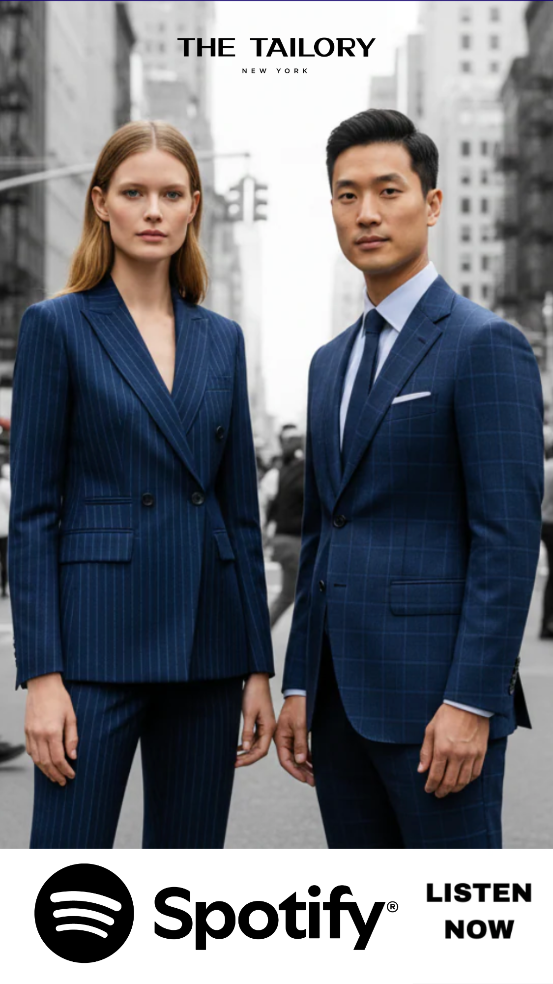 White woman Asian man in suits NYC crowd