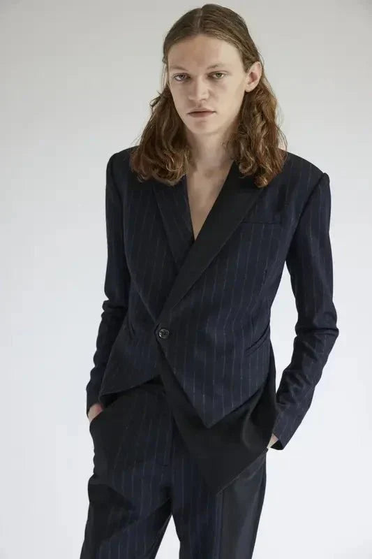 Model wearing a pinstripe suit