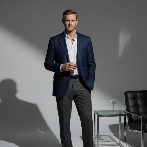 Man wearing navy blazer and grey trousers