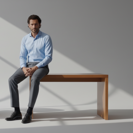 Man in blue shirt and grey slacks