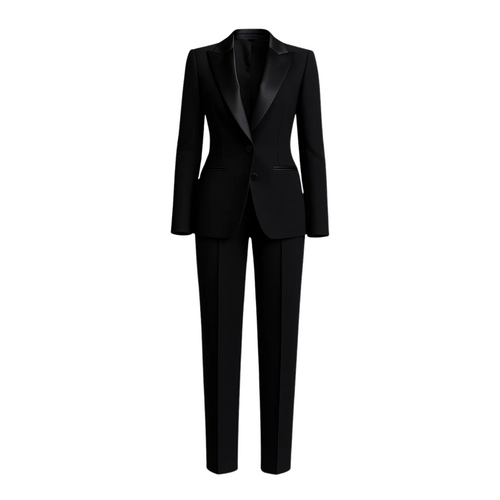 Black Fitted Wedding Tuxedo featuring a sleek tailored blazer with satin peak lapels, single-button closure, and slim straight-leg trousers for a modern and elegant bridal tuxedo look.
