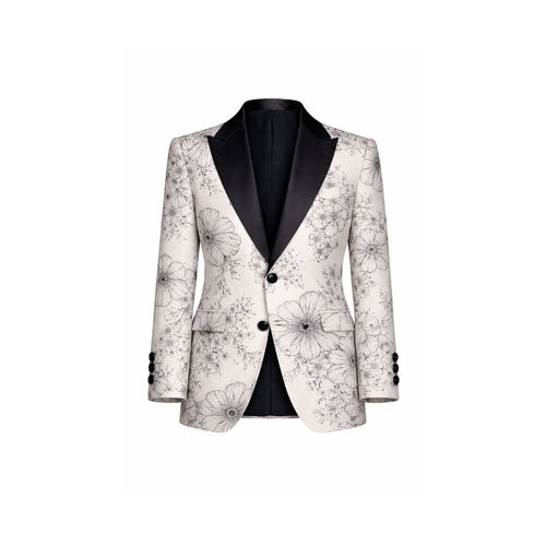 Brunello Cucinelli White Floral Graphic Tuxedo Jacket featuring a tailored fit with intricate monochrome floral illustrations and contrasting black satin peak lapels for refined formalwear.