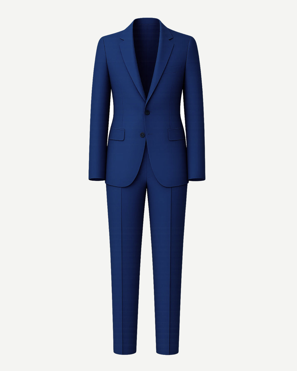 Men's Royal Blue Power Suit Set featuring a sleek two-button blazer with notch lapels, flap pockets, and matching tailored trousers in a rich royal blue fabric for commanding menswear.