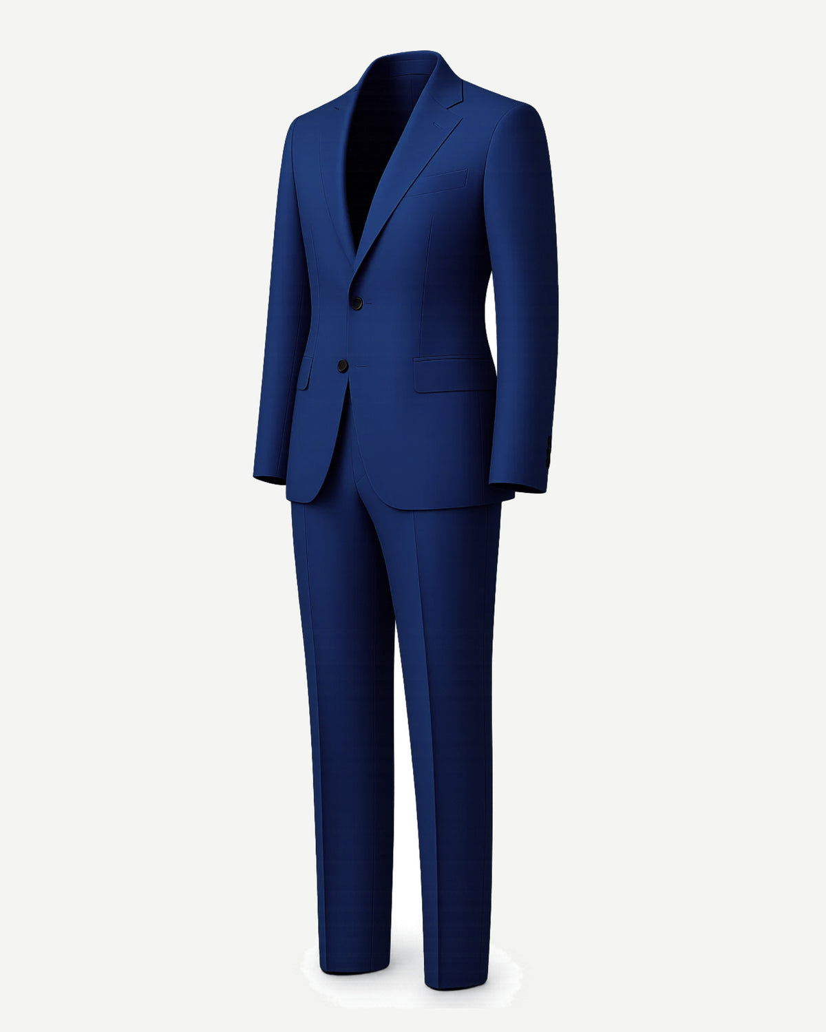 Men's Royal Blue Power Suit Set featuring a tailored two-button blazer with notch lapels and flap pockets, paired with matching slim-fit trousers in a rich royal blue fabric for distinguished menswear.