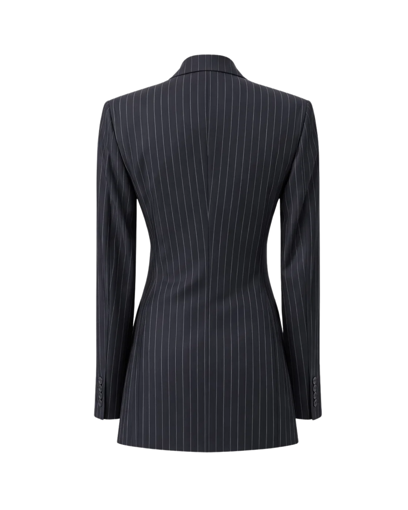 Back view of Charcoal Mixed-Pattern Double-Breasted Blazer featuring a tailored silhouette with sleek vertical pinstripes on a dark fabric, emphasizing structure and refined craftsmanship.