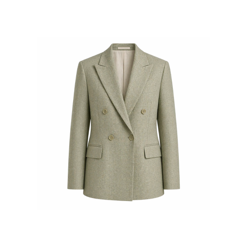Sage Green Wool and Linen Blend Summer Wedding Blazer featuring a double-breasted front with peak lapels and flap pockets, crafted in lightweight breathable fabric ideal for warm-weather formalwear.