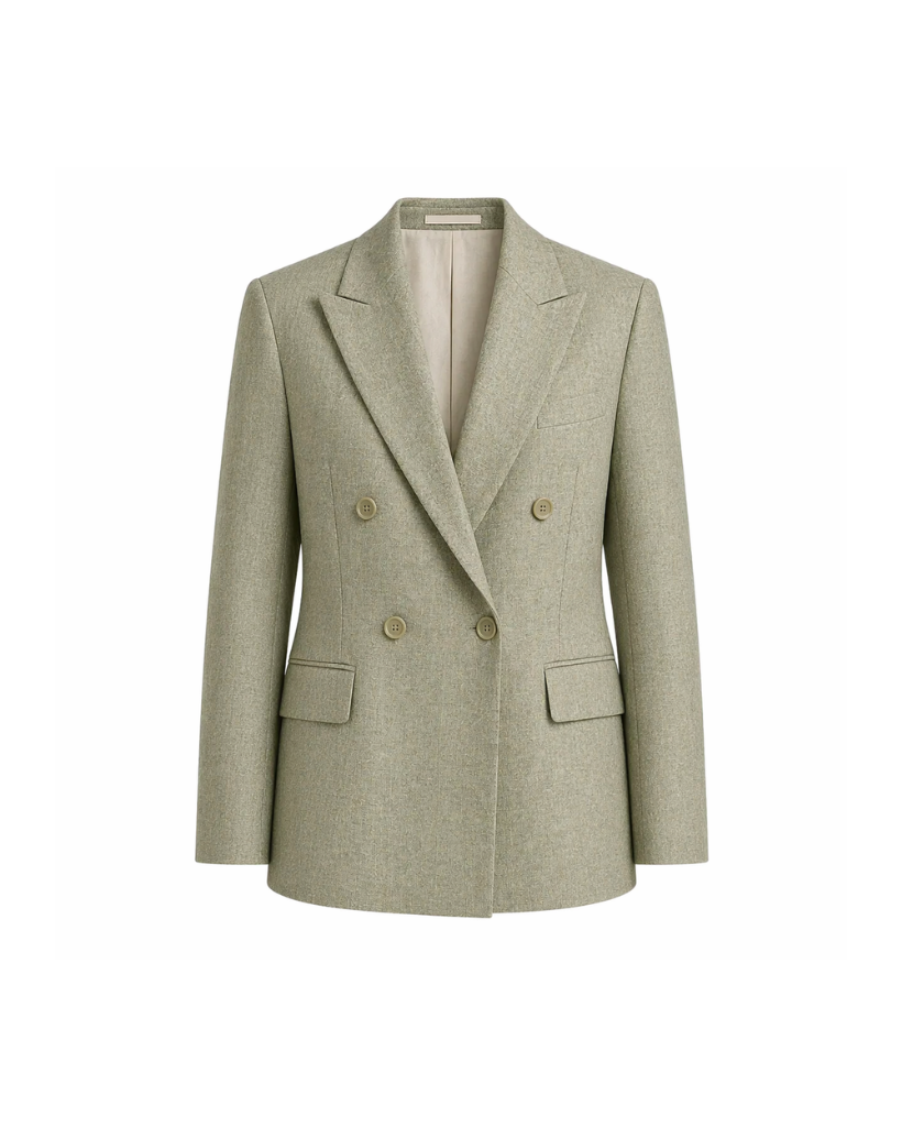 Sage Green Wool and Linen Blend Summer Wedding Blazer featuring a double-breasted front with peak lapels and flap pockets, crafted in lightweight breathable fabric ideal for warm-weather formalwear.