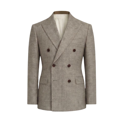 Loro Piana Beige Double-Breasted Wool Blazer showcasing a tailored fit with peak lapels, double-breasted design, and rich wool fabric for refined and elegant menswear.