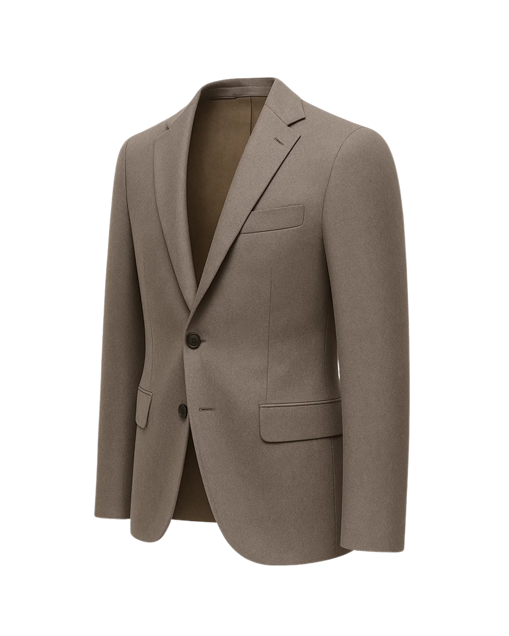 Men's Taupe Brown Classic Tailored Blazer with a structured two-button front, notch lapels, flap pockets, and a slim, elegant fit crafted from rich taupe fabric for refined menswear.