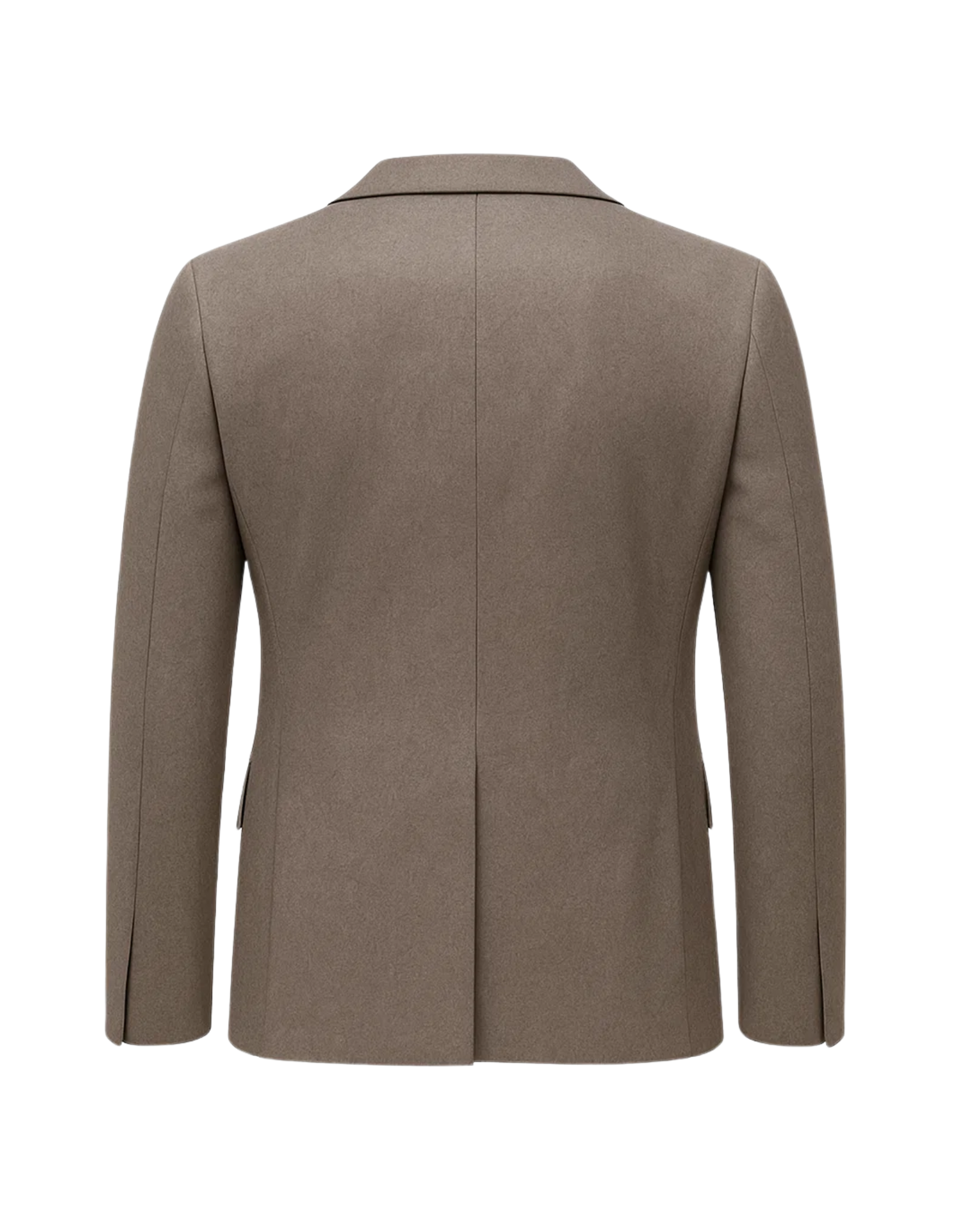 Men's Taupe Brown Classic Tailored Blazer shown from the back, featuring a clean, streamlined silhouette with a center vent and smooth taupe fabric for elegant menswear.