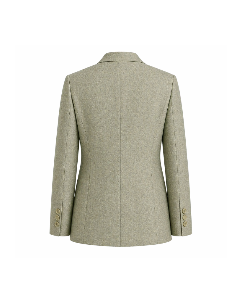 Back view of the Sage Green Wool and Linen Blend Summer Wedding Blazer, tailored with structured seams and buttoned cuffs for a refined, breathable summer suiting option.