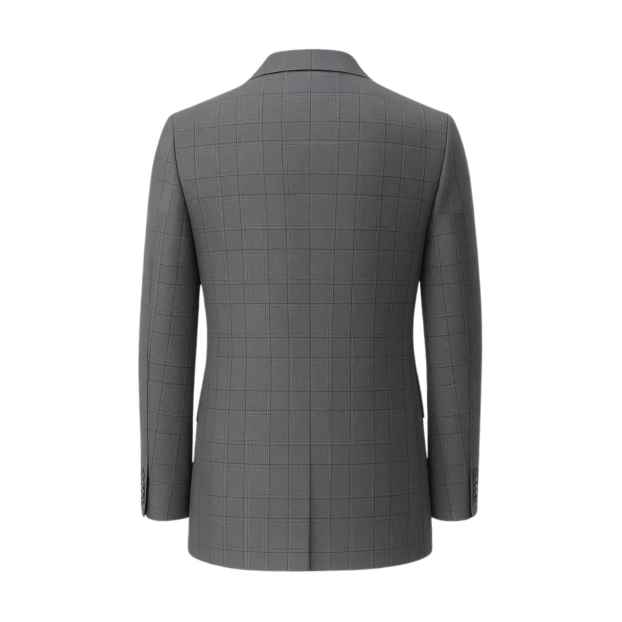 Men's Loro Piana Grey Check Blazer displaying a tailored back view with a subtle check pattern, structured shoulders, and clean lines crafted from luxury grey fabric for refined menswear.