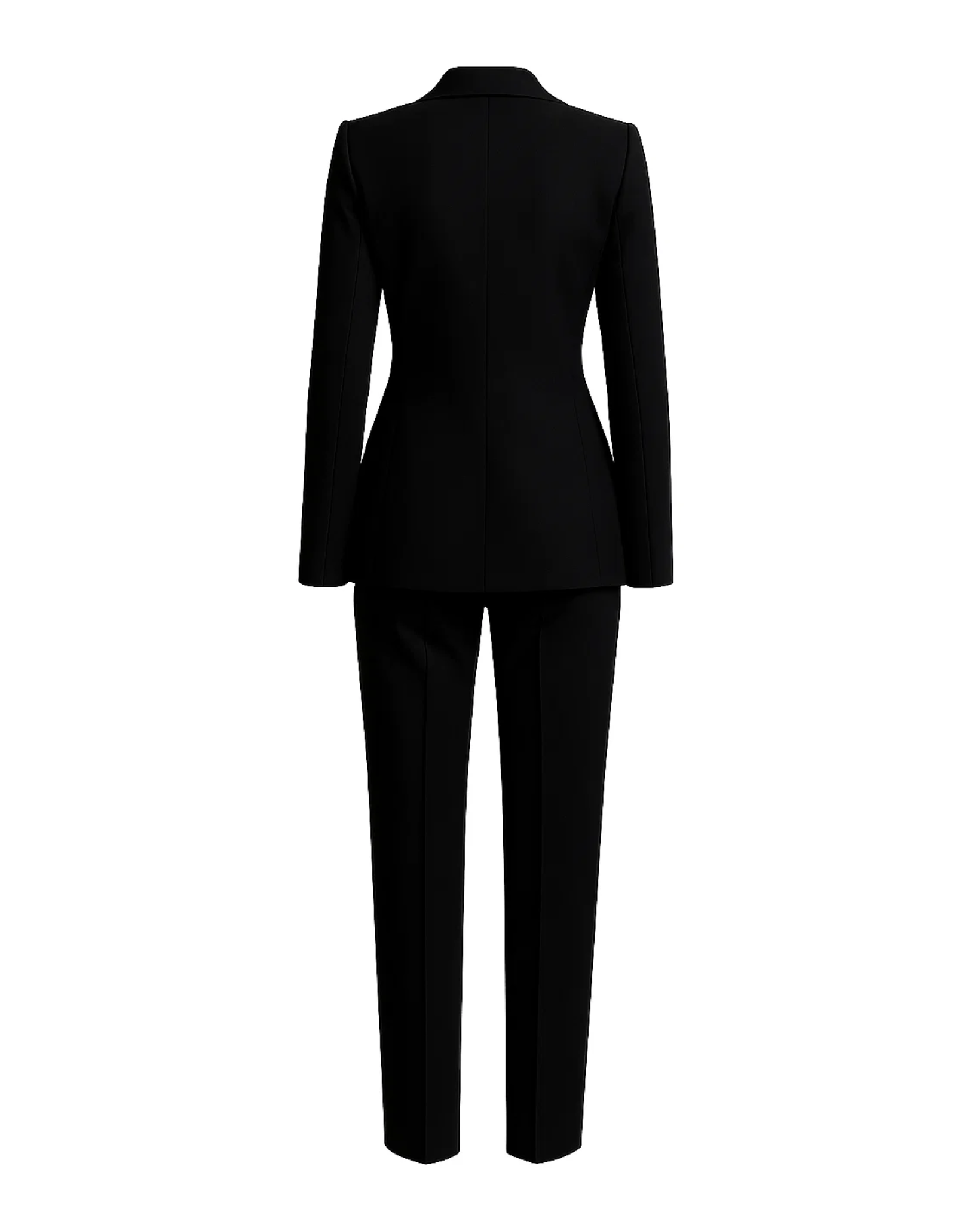 Black Fitted Wedding Tuxedo shown from the back, featuring a tailored blazer with structured seams and slim-fitting trousers crafted in luxury fabric for a sleek formal silhouette.