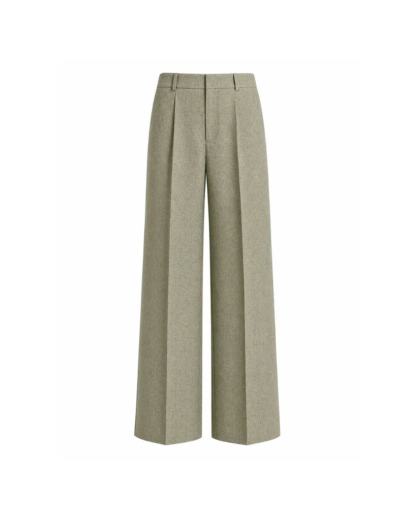 Sage Green Wool and Linen Blend Summer Wedding Pants featuring a wide-leg silhouette with front pleats and belt loops, crafted from breathable lightweight fabric ideal for warm-weather formalwear.