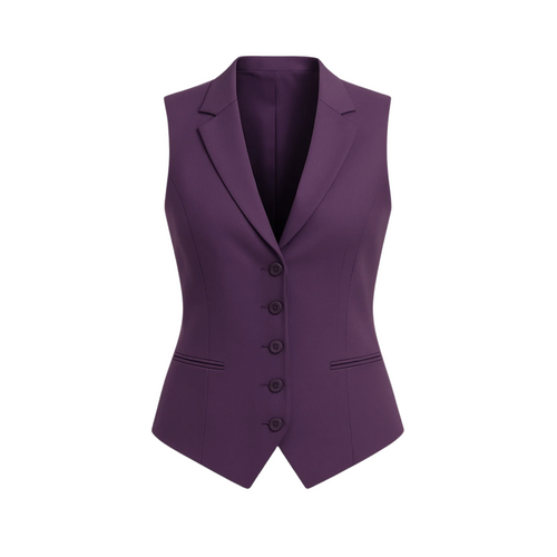 Women's Purple Five Button Vest featuring a tailored sleeveless design with notch lapels, five front buttons, and sleek welt pockets for a sharp, modern tailored look.
