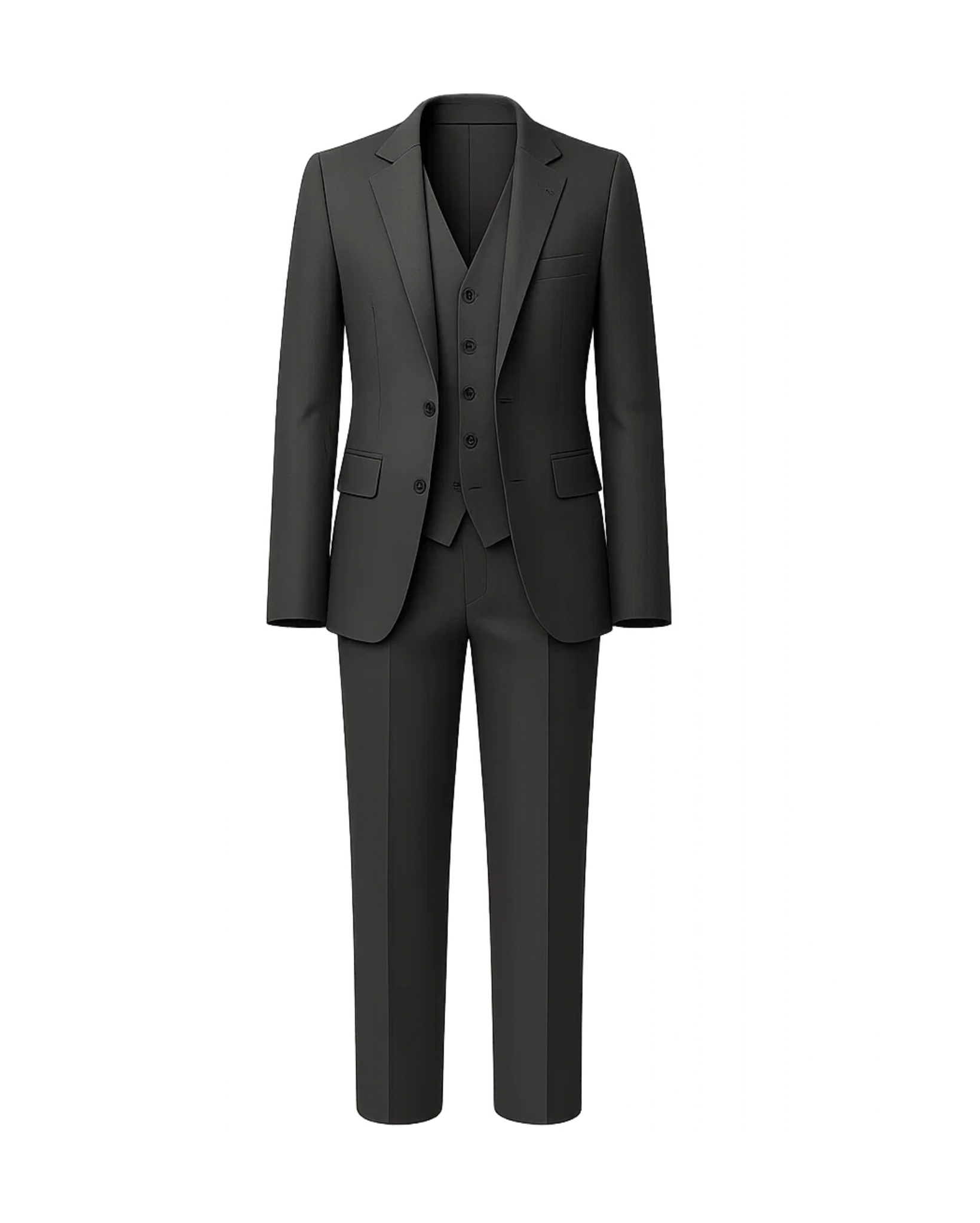 Men's Charcoal Gray Three Piece Suit Set featuring a tailored jacket, matching vest with buttons, and slim-fit trousers crafted from smooth charcoal fabric for a polished formal look.