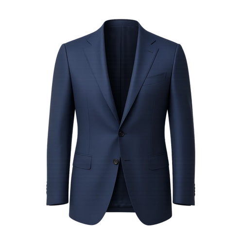 Men's Loro Piana Navy Blue Blazer showcasing a refined two-button design with notch lapels, flap pockets, and subtle tonal patterning in luxurious navy fabric for sophisticated menswear.